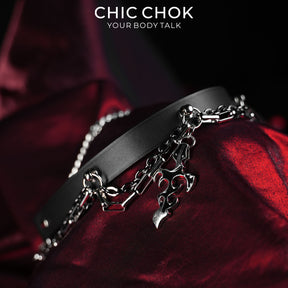 CHICCHOK Gothic Stigmata Choker | Top-Grain Genuine Leather Hollow Flame Pendant Necklace | Cyber Wasteland Industrial Collar