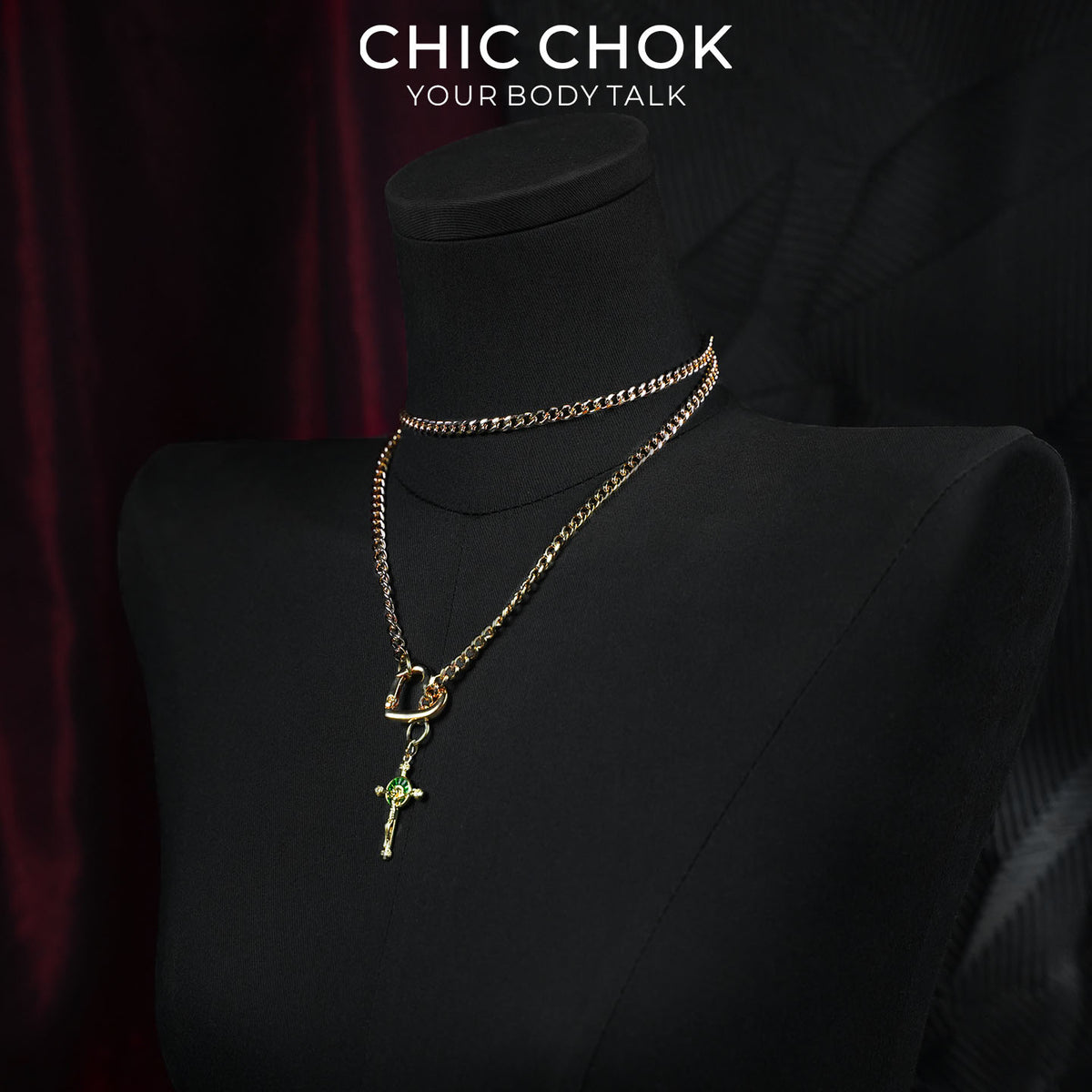 CHICCHOK Starlight Crucifix Y-Lariat Necklace | Gold Plated Jesus Cross Choker | Luxury Gothic Baroque Subversive Jewelry