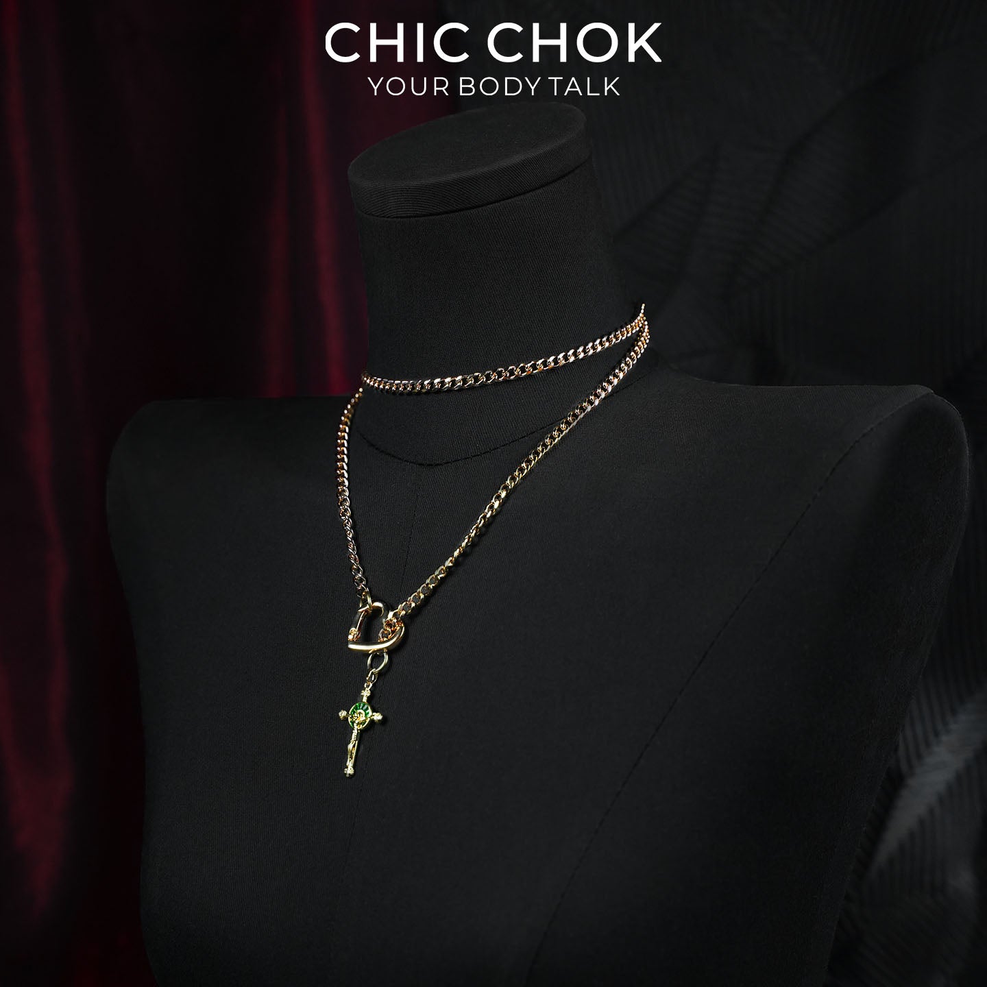 CHICCHOK Starlight Crucifix Y-Lariat Necklace | Gold Plated Jesus Cross Choker | Luxury Gothic Baroque Subversive Jewelry