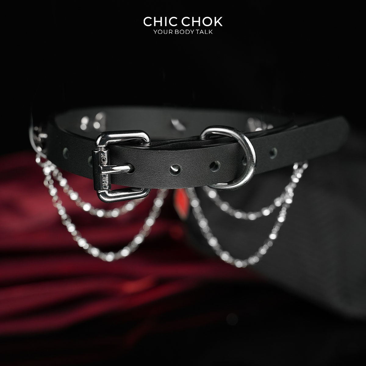 CHICCHOK "Blazing Collar" Red Tie Pendant Leather Choker | Gothic Spikes & Eyeglass Chain Drop Collar | Subversive Alt Dark Streetwear Neckwear
