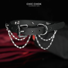 CHICCHOK "Blazing Collar" Red Tie Pendant Leather Choker | Gothic Spikes & Eyeglass Chain Drop Collar | Subversive Alt Dark Streetwear Neckwear