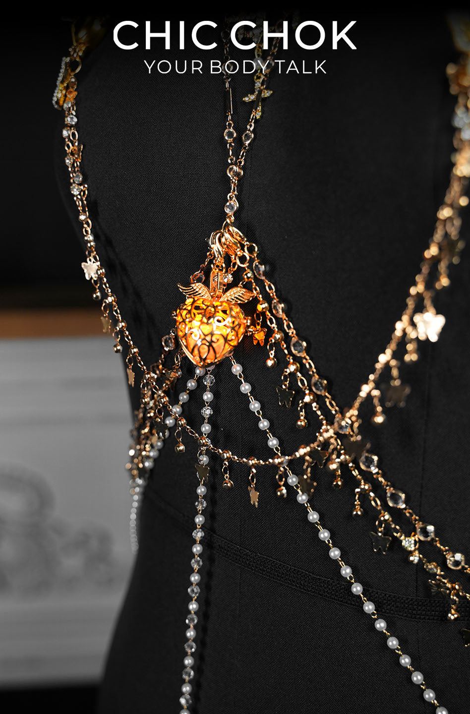 CHICCHOK Oracle's Kiss Gothic Cross Body Chain | Gold Plated Chest Harness | Luxury Zircon Subversive Caviar Jewelry