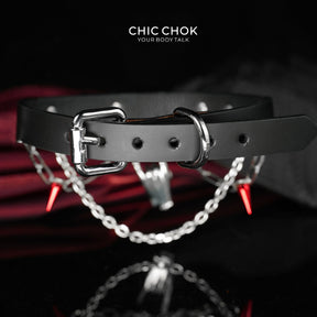 CHICCHOK "Crimson Encore" Layered Leather Choker | Gothic Skeleton Rock Hand Pendant | Heavy Metal Punk Subculture Neckwear