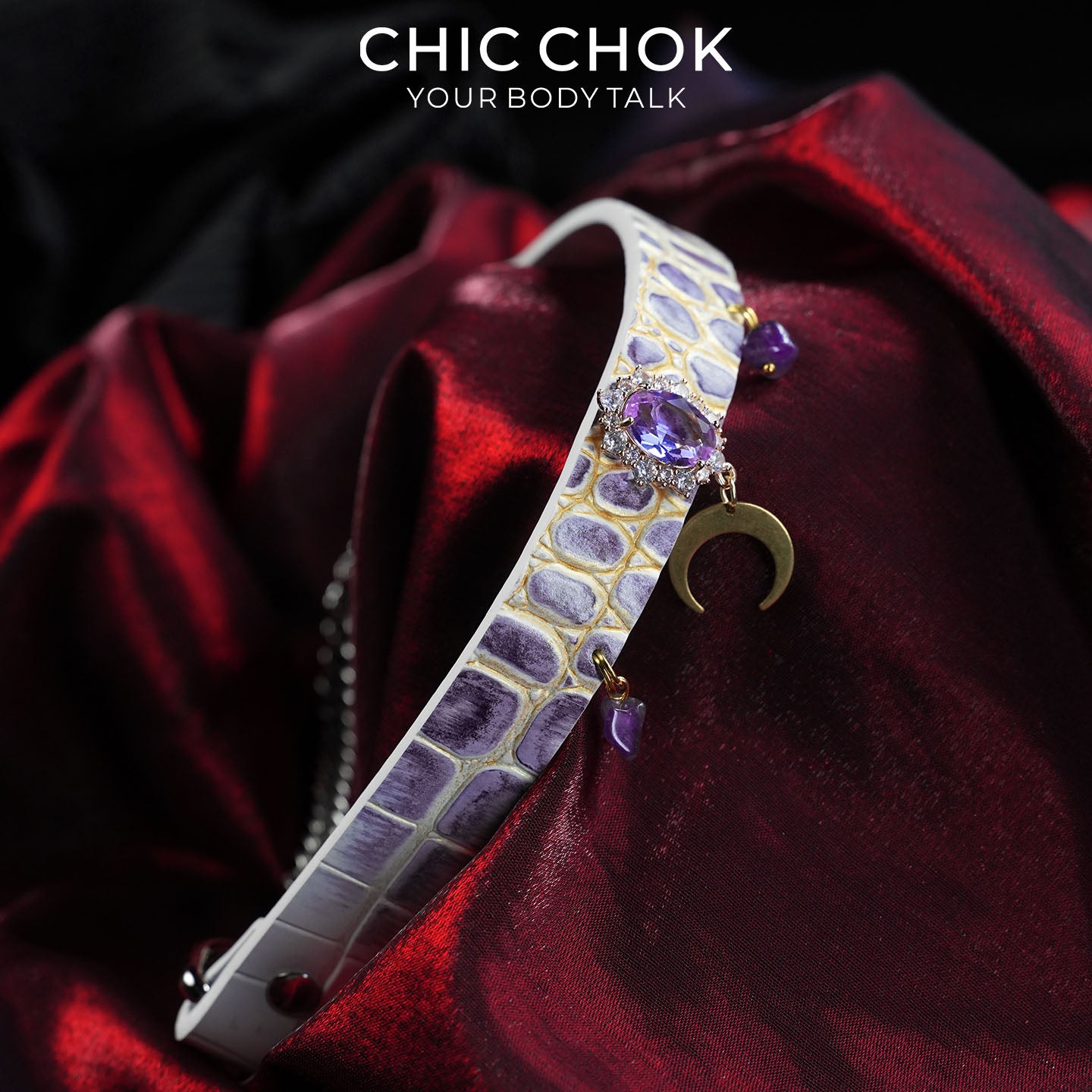 CHICCHOK Tidal Suffocation Genuine Leather Choker | Gothic Purple Zircon Crescent Moon Collar | Luxury Witchcore Cyberpunk Body Armor