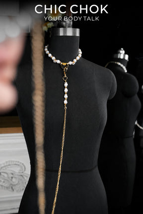CHICCHOK Pearl Letter Leash Choker | Shell Pearl Gold Cuban Chain Necklace | Gothic Baroque Luxury Body Jewelry