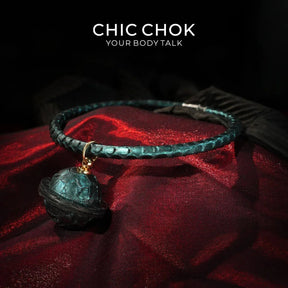 CHIC CHOK The Orchid’s Gaze Teal Snake-Texture Collar with Silent Bell Pendant - CHICCHOK - Choker