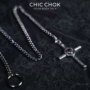 CHICCHOK Gloom Eye Crucifix Y-Lariat Necklace | Stainless Steel Cuban Link Chain | Gothic Vintage Zinc Alloy Cross Pendant Occult Jewelry
