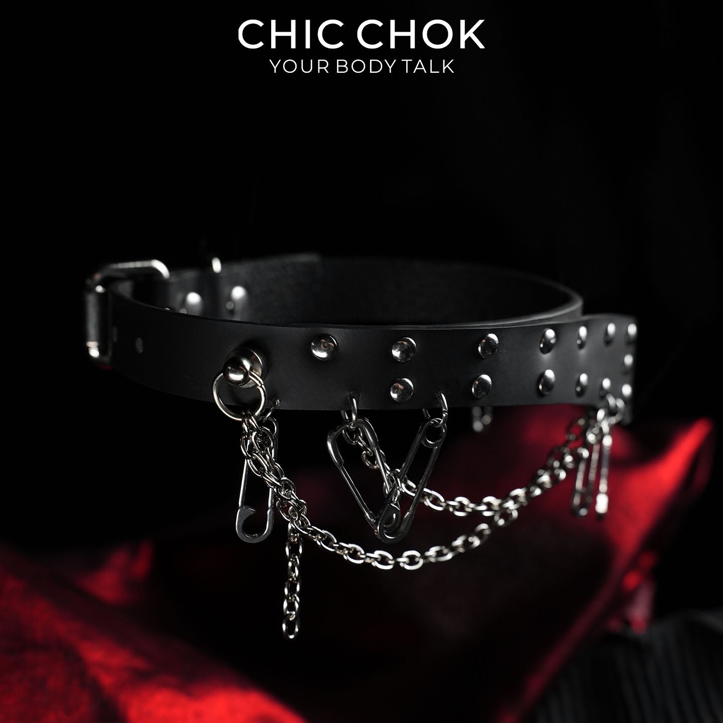 CHICCHOK Fractured Chain Pin | Genuine Leather Safety Pin Choker | Punk Grunge Collar