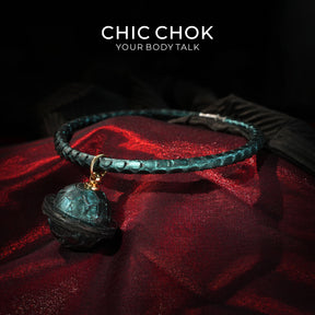 CHIC CHOK The Orchid’s Gaze Teal Snake-Texture Collar with Silent Bell Pendant