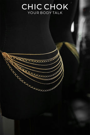 CHICCHOK Golden Wave Mesh Body Chain | 3-Way Multi-Wear Silver Cuban Link Harness | Gothic Luxury Beachwear Festival Waist Back Jewelry