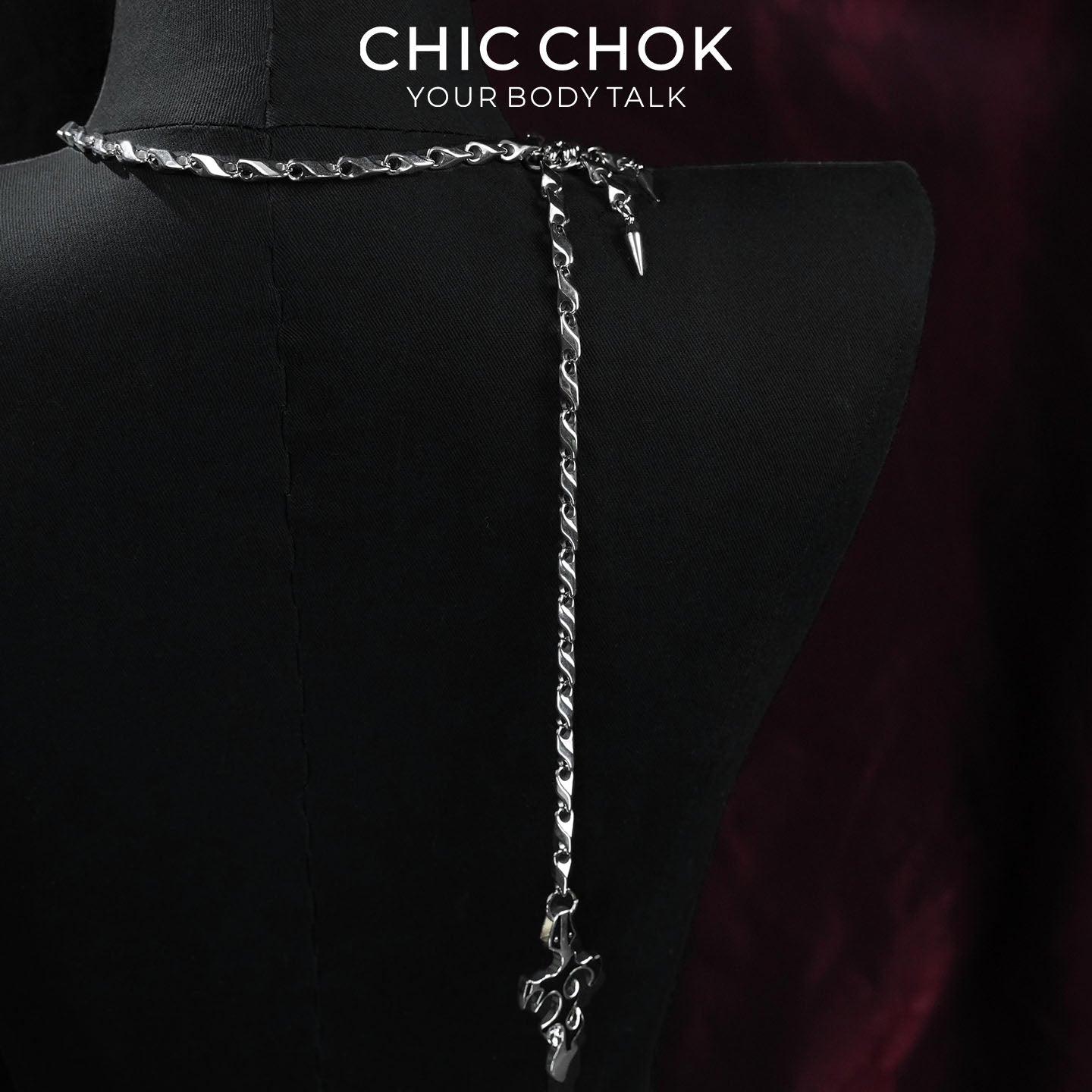 CHICCHOK Cinder Pact | Gothic Flaming Spiked Choker | Asymmetrical Body Chain Drape