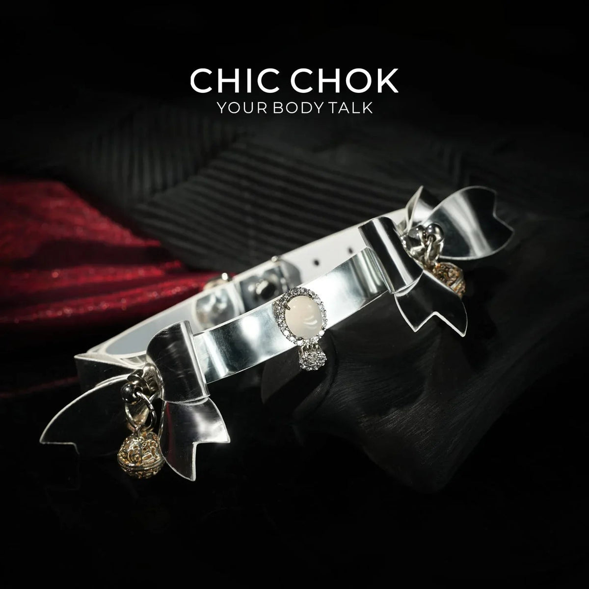 CHIC CHOK Silver Shell Butterfly Chrome Bow & Pearl-Soft Leather Collar Necklace - CHICCHOK - Choker
