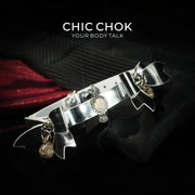 CHIC CHOK Silver Shell Butterfly Chrome Bow & Pearl-Soft Leather Collar Necklace