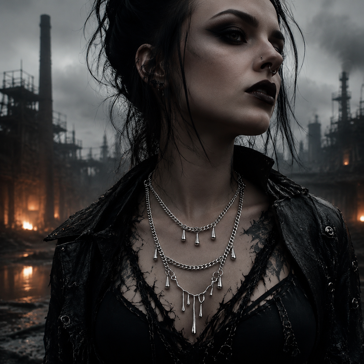 CHICCHOK Lava Tears | Liquid Metal Droplet Layered Necklace | Gothic Cyberpunk Industrial Jewelry