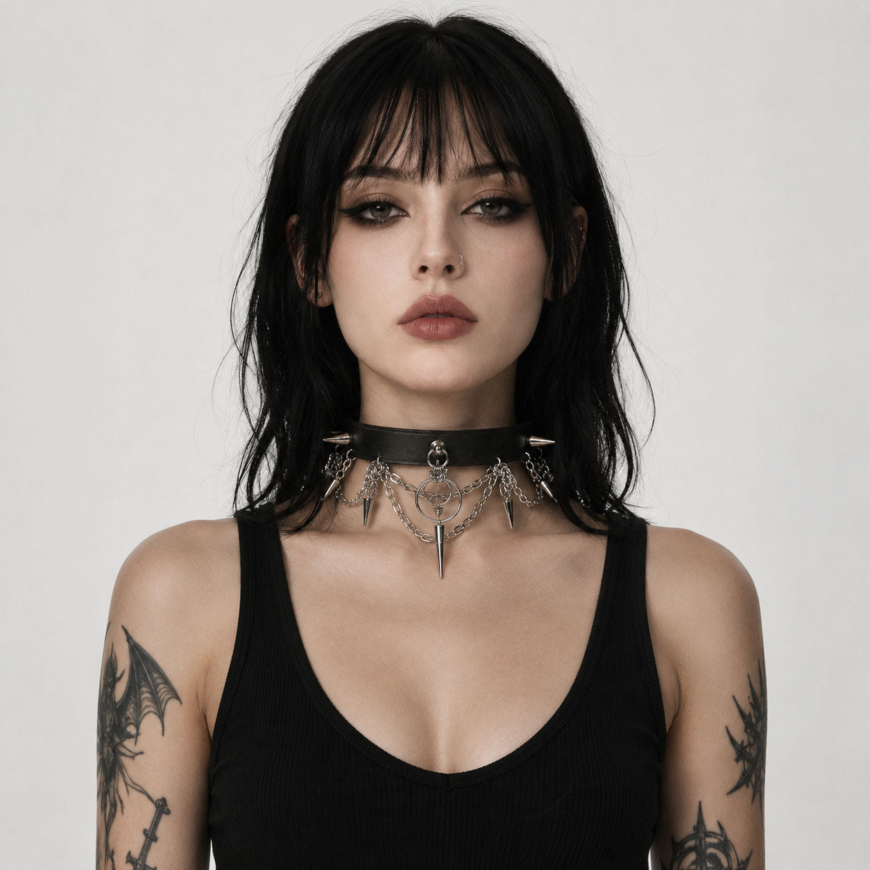 CHICCHOK Original "Thorns of Eclipse" Choker - Premium Full-Grain Leather & Stainless Steel Spiked Collar - Interactive Pull Chain Darkwear Jewelry