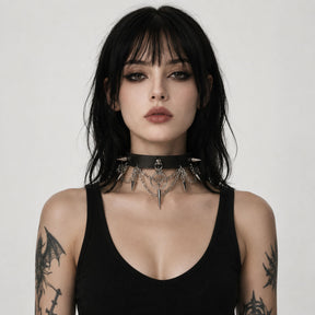 CHICCHOK Original "Thorns of Eclipse" Choker - Premium Full-Grain Leather & Stainless Steel Spiked Collar - Interactive Pull Chain Darkwear Jewelry