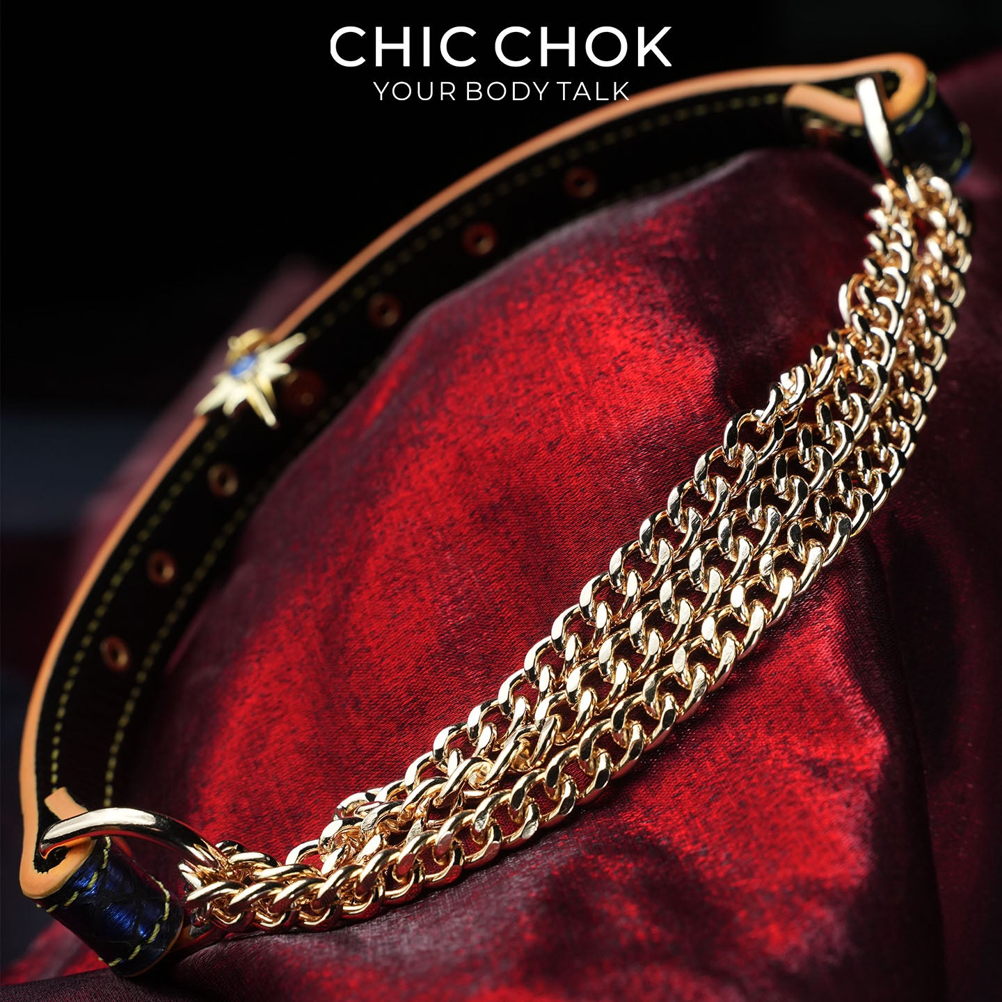 CHICCHOK Tarot Breathless | Choker de couro de cobra azul | Coleira com estrela octagrama dourada