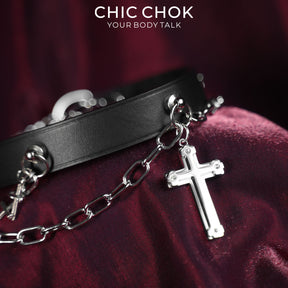 CHICCHOK Stigmata Echo Genuine Leather Choker | Gothic Cross Fringe Collar | Luxury Baroque Subversive Body Armor