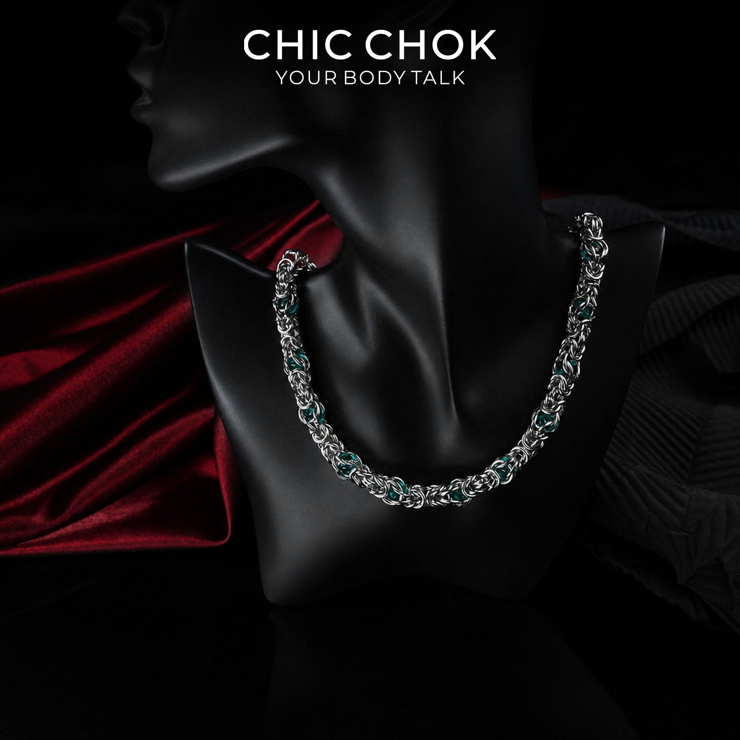 CHICCHOK Crimson Crystal Chain Necklace | Handcrafted Byzantine Stainless Steel Chain | Heavy Industrial Punk Cyber Goth Jewelry