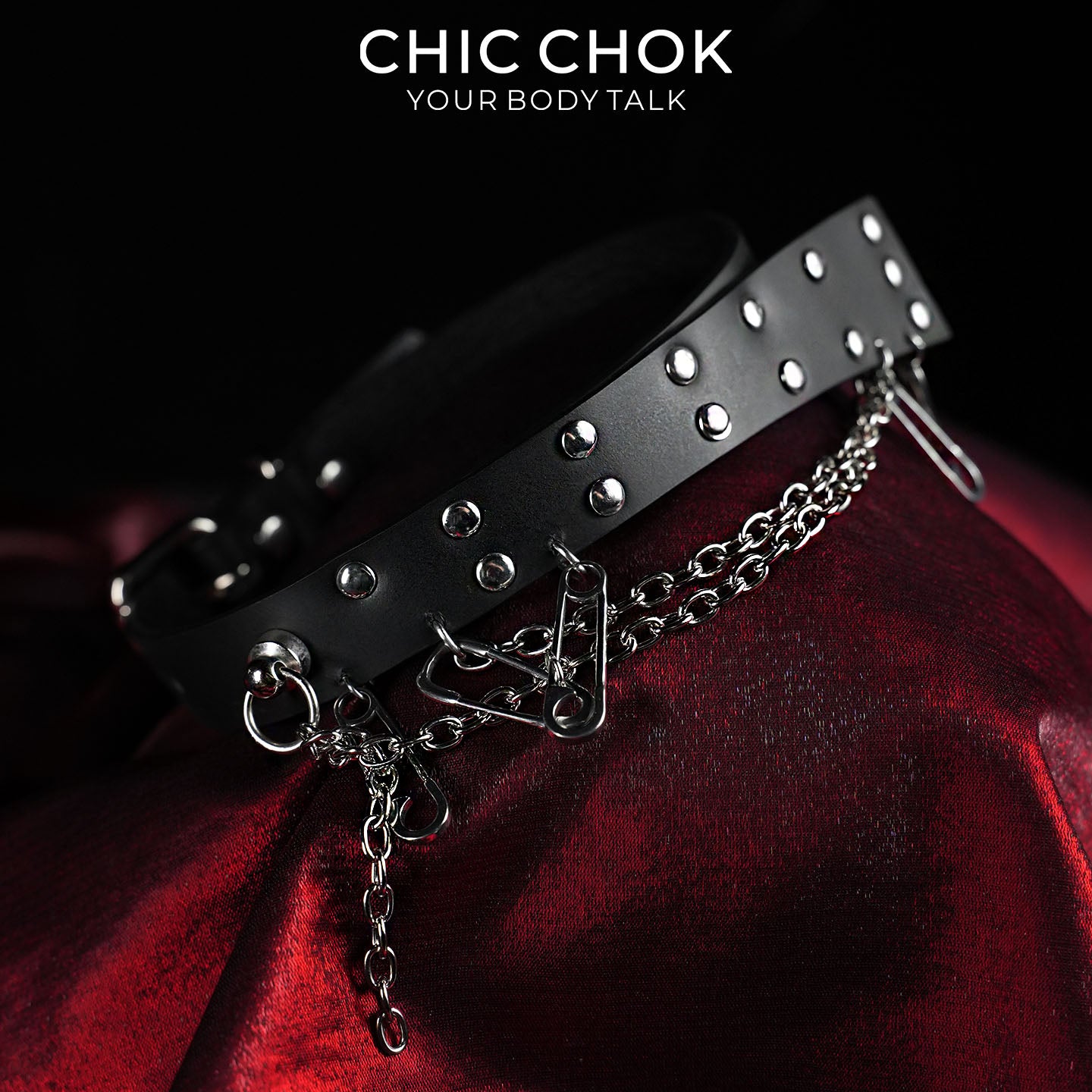 CHICCHOK Fractured Chain Pin | Genuine Leather Safety Pin Choker | Punk Grunge Collar