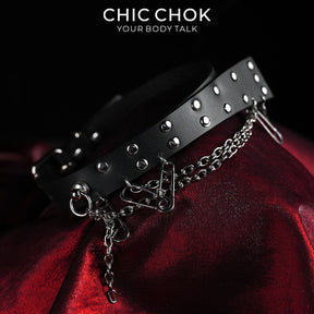 CHICCHOK Fractured Chain Pin | Genuine Leather Safety Pin Choker | Punk Grunge Collar