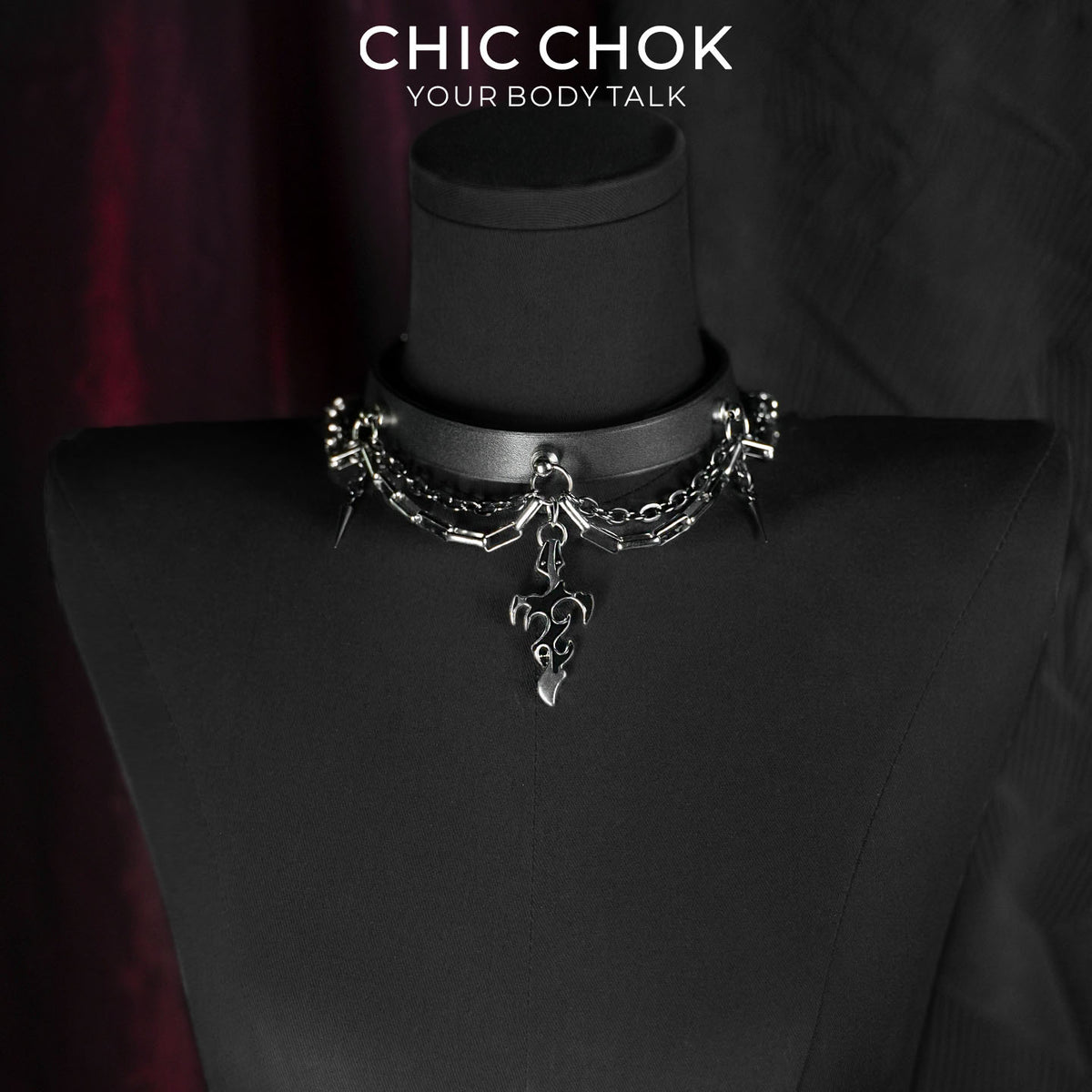 CHICCHOK Gothic Stigmata Choker | Collar de cuero genuino plena flor con colgante de llama calada | Collar industrial cyber de páramo