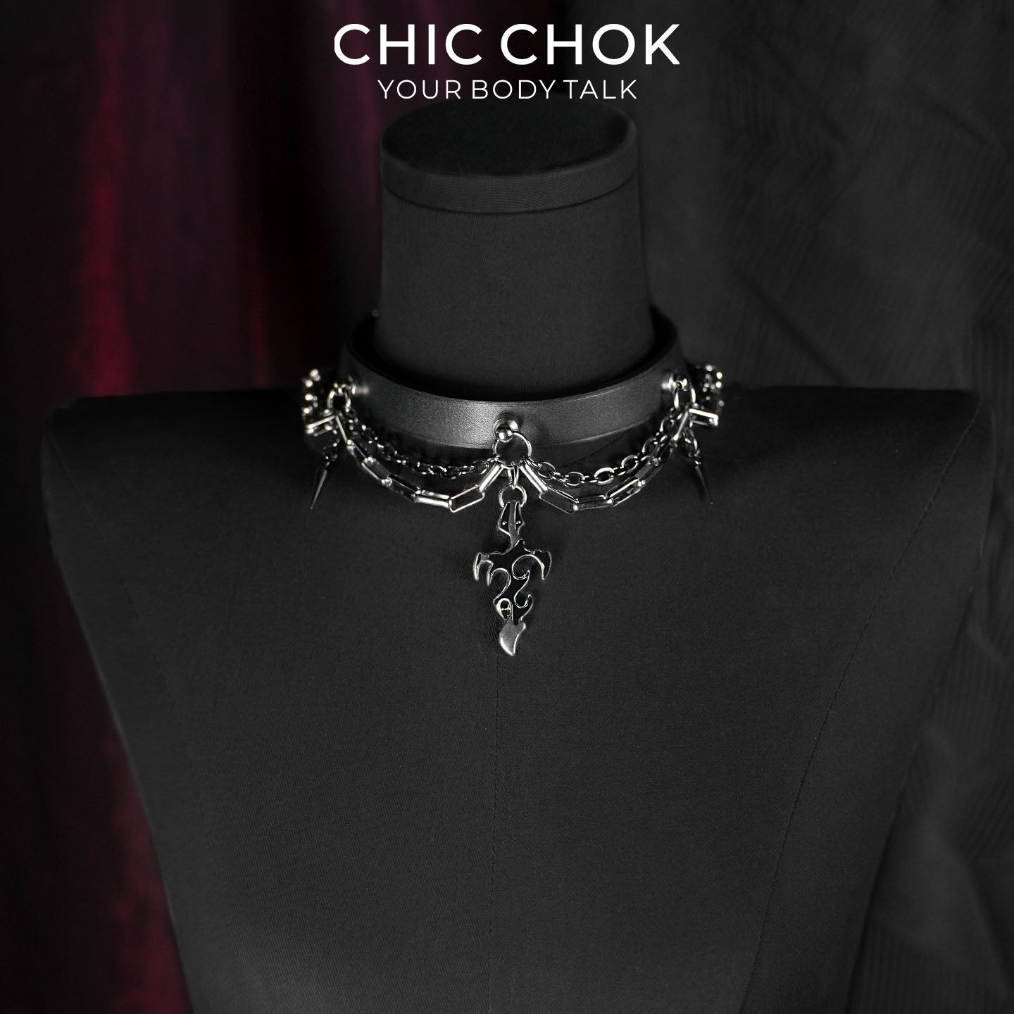 CHICCHOK Gothic Stigmata Choker | Top-Grain Genuine Leather Hollow Flame Pendant Necklace | Cyber Wasteland Industrial Collar