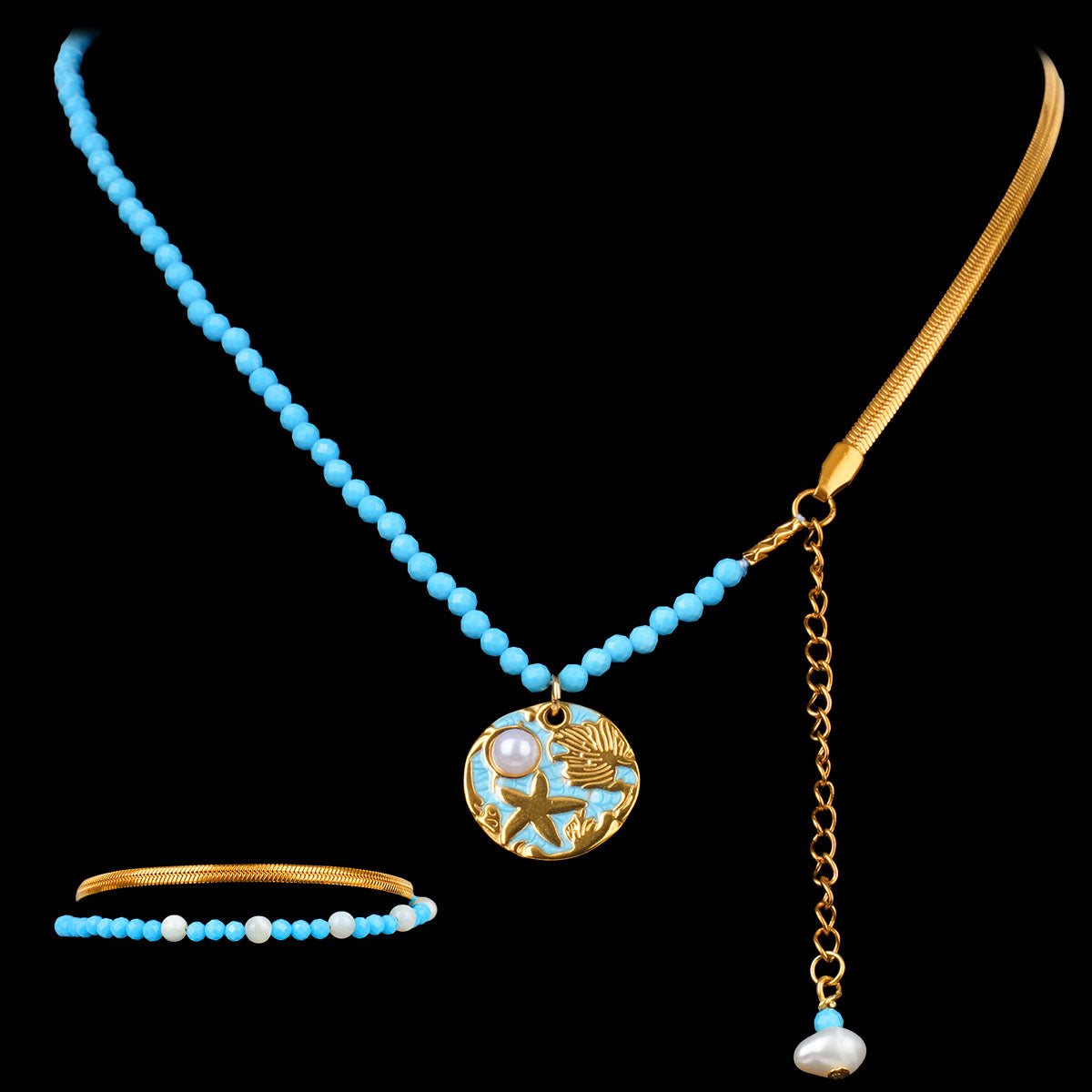 CHICCHOK Bohemian Enamel Ocean Beaded Necklace & Bracelet Set | Asymmetric Star Moon Pendant | Summer Beach Resort Y2K Jewelry