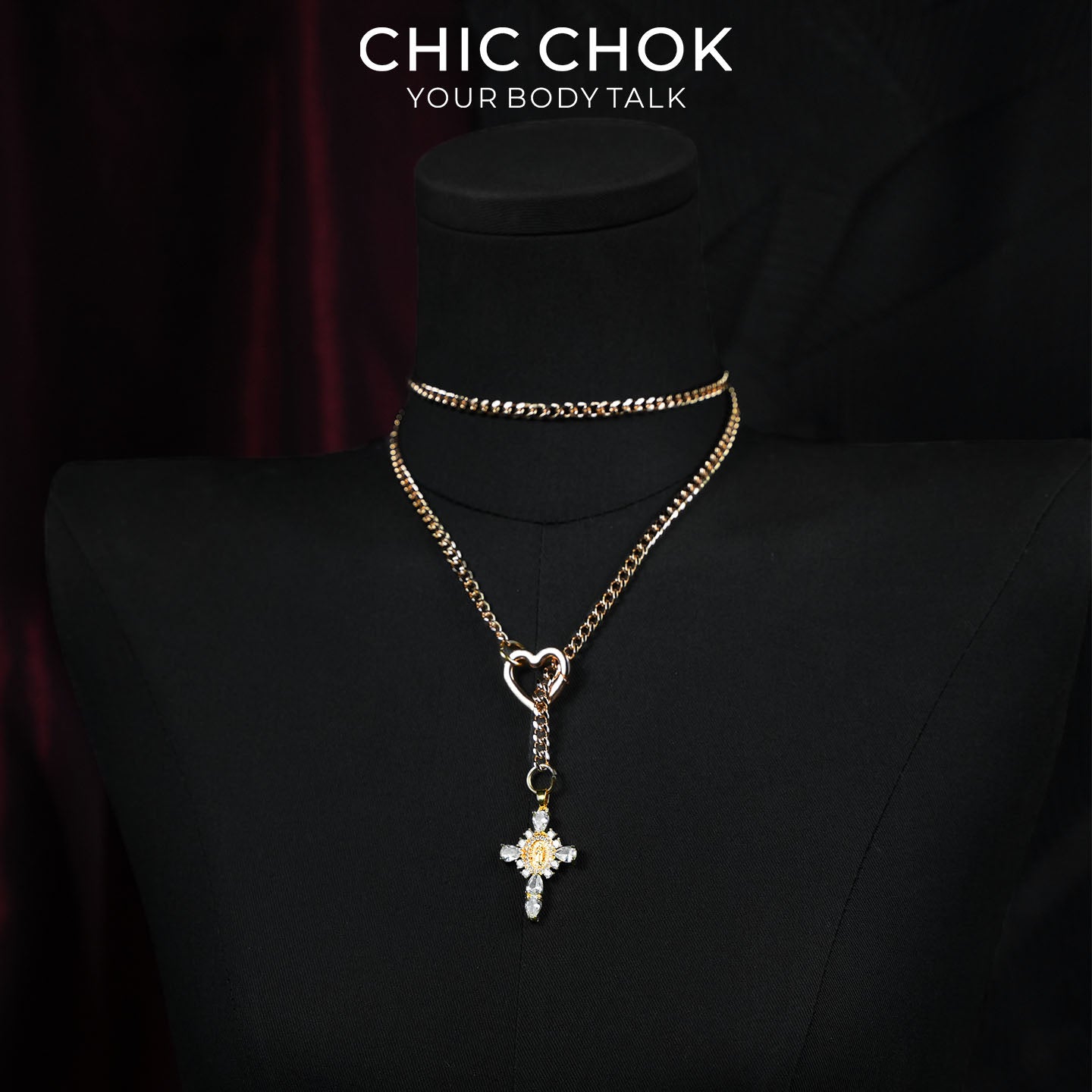 CHICCHOK Sacred Heart Emerald Shadow Y-Lariat Necklace | Gold Plated Baroque Cross Choker | Luxury Zircon Gothic Body Jewelry