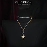 CHICCHOK Sacred Heart Emerald Shadow Kalung Y-Lariat | Choker Salib Barok Berlapis Emas | Perhiasan Tubuh Gotik Mewah Berzircon