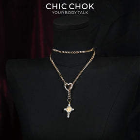 CHICCHOK Sacred Heart Emerald Shadow Y-Lariat Necklace | Gold Plated Baroque Cross Choker | Luxury Zircon Gothic Body Jewelry