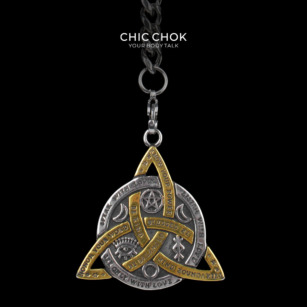 CHICCHOK "Lunar Shackle" Celtic Triquetra Pendant Stainless Steel Y-Necklace | Wiccan Rune & Pentagram Drop Chain | Dark Occult Gothic Streetwear Jewelry