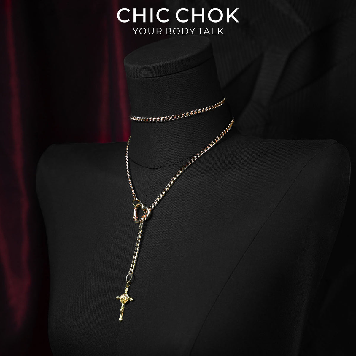 CHICCHOK Starlight Crucifix Y-Lariat Necklace | Gold Plated Jesus Cross Choker | Luxury Gothic Baroque Subversive Jewelry
