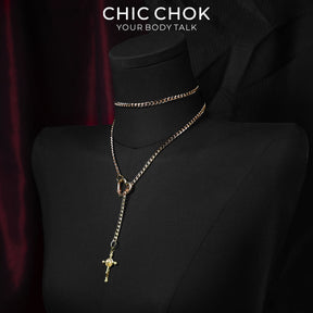 CHICCHOK Starlight Crucifix Y-Lariat Necklace | Gold Plated Jesus Cross Choker | Luxury Gothic Baroque Subversive Jewelry