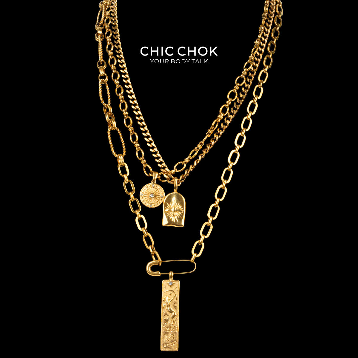 Collana a strati Capricorno con medaglia a stella e catena in oro CHICCHOK | Catena cubana vintage a 3 livelli | Tarocchi, moneta zodiacale e ciondolo a stella in rilievo, gioielli astrologici