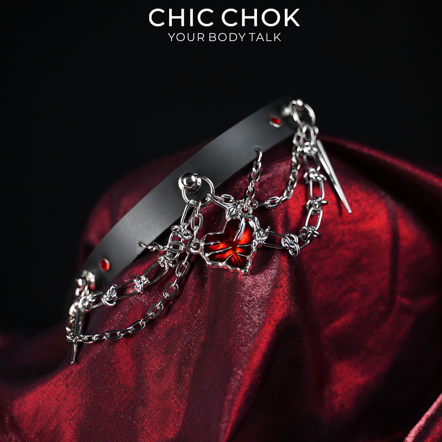 CHICCHOK Bloodbound Stigmata Leather Choker | Gothic Translucent Red Heart Collar | Heavy Punk Cyber Techwear Fringe Jewelry