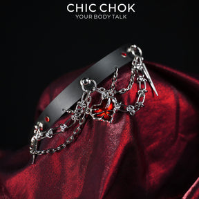 CHICCHOK Bloodbound Stigmata Leather Choker | Gothic Translucent Red Heart Collar | Heavy Punk Cyber Techwear Fringe Jewelry