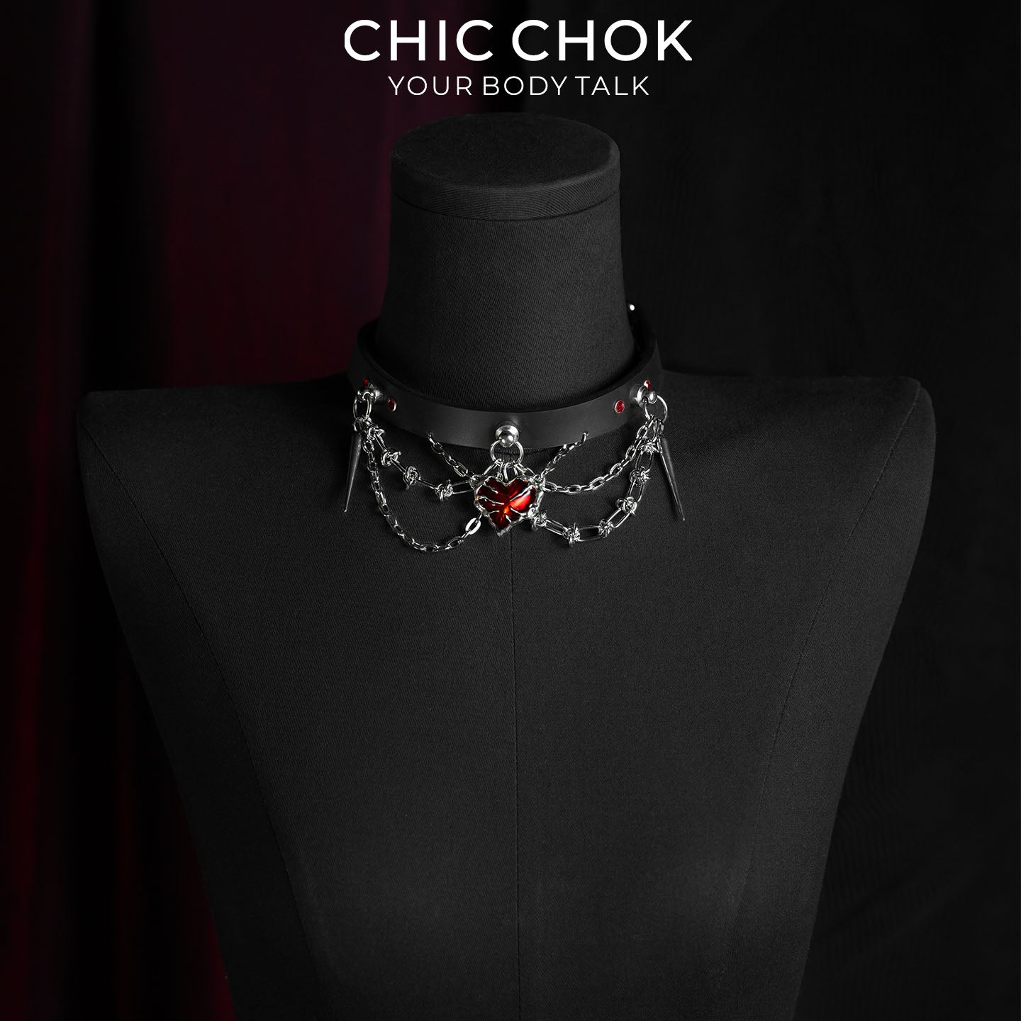 CHICCHOK Bloodbound Stigmata Leather Choker | Gothic Translucent Red Heart Collar | Heavy Punk Cyber Techwear Fringe Jewelry
