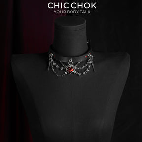 CHICCHOK Bloodbound Stigmata Leather Choker | Gothic Translucent Red Heart Collar | Heavy Punk Cyber Techwear Fringe Jewelry