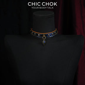 CHICCHOK Tarot Breathless | Choker de couro de cobra azul | Coleira com estrela octagrama dourada