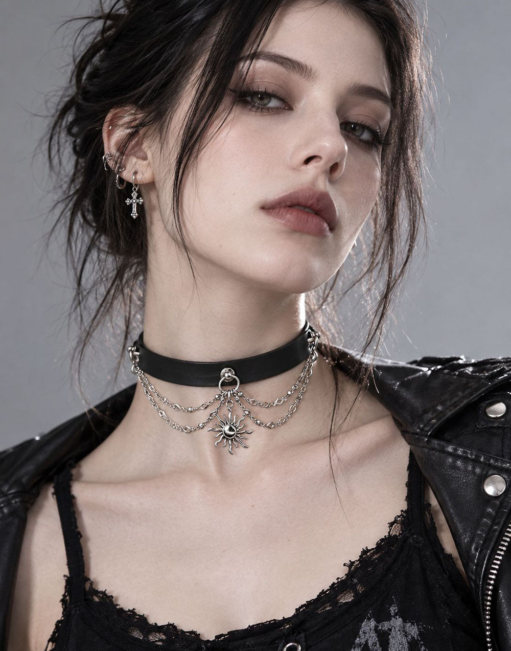 CHICCHOK "Sun Tide Sprite" Layered Sun Pendant Leather Choker | Vintage Silver Light Punk Collar | Niche Dark Resort Neckwear