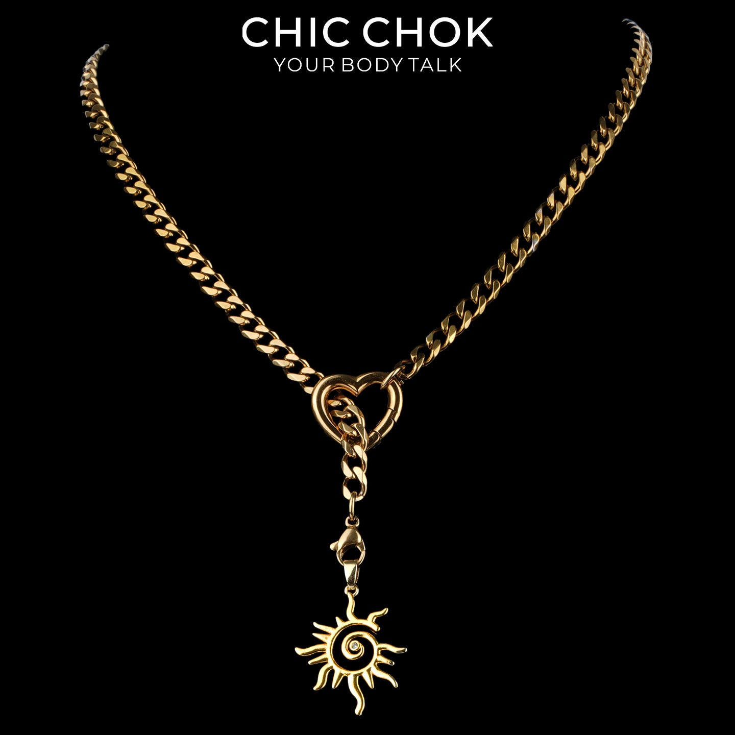 Kalung Y-Lariat Bintang Emas CHICCHOK | Rantai Kuba Baja Tahan Karat Berlapis Emas 18K | Perhiasan Coquette Liontin Hati Emas Hancur Bertekstur Antik