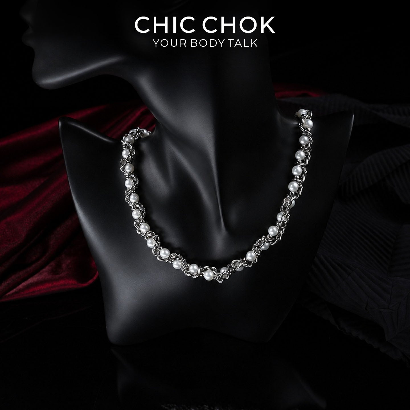 CHICCHOK Crimson Crystal Chain Necklace | Handcrafted Byzantine Stainless Steel Chain | Heavy Industrial Punk Cyber Goth Jewelry