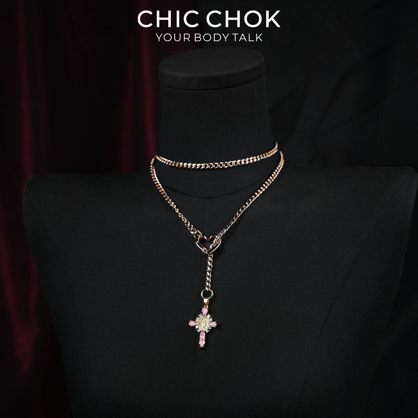 CHICCHOK Sacred Heart Emerald Shadow Y-Lariat Necklace | Gold Plated Baroque Cross Choker | Luxury Zircon Gothic Body Jewelry