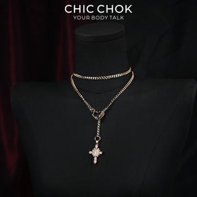 CHICCHOK Sacred Heart Emerald Shadow Y-Lariat Necklace | Gold Plated Baroque Cross Choker | Luxury Zircon Gothic Body Jewelry