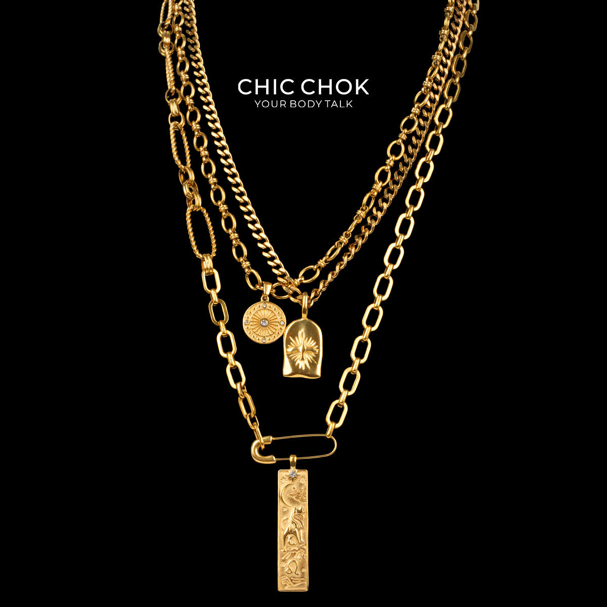 Collana a strati Capricorno con medaglia a stella e catena in oro CHICCHOK | Catena cubana vintage a 3 livelli | Tarocchi, moneta zodiacale e ciondolo a stella in rilievo, gioielli astrologici