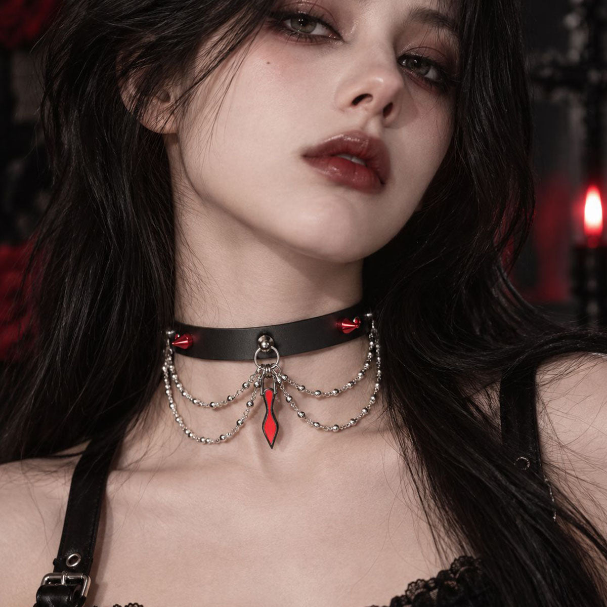 CHICCHOK "Blazing Collar" Red Tie Pendant Leather Choker | Gothic Spikes & Eyeglass Chain Drop Collar | Subversive Alt Dark Streetwear Neckwear