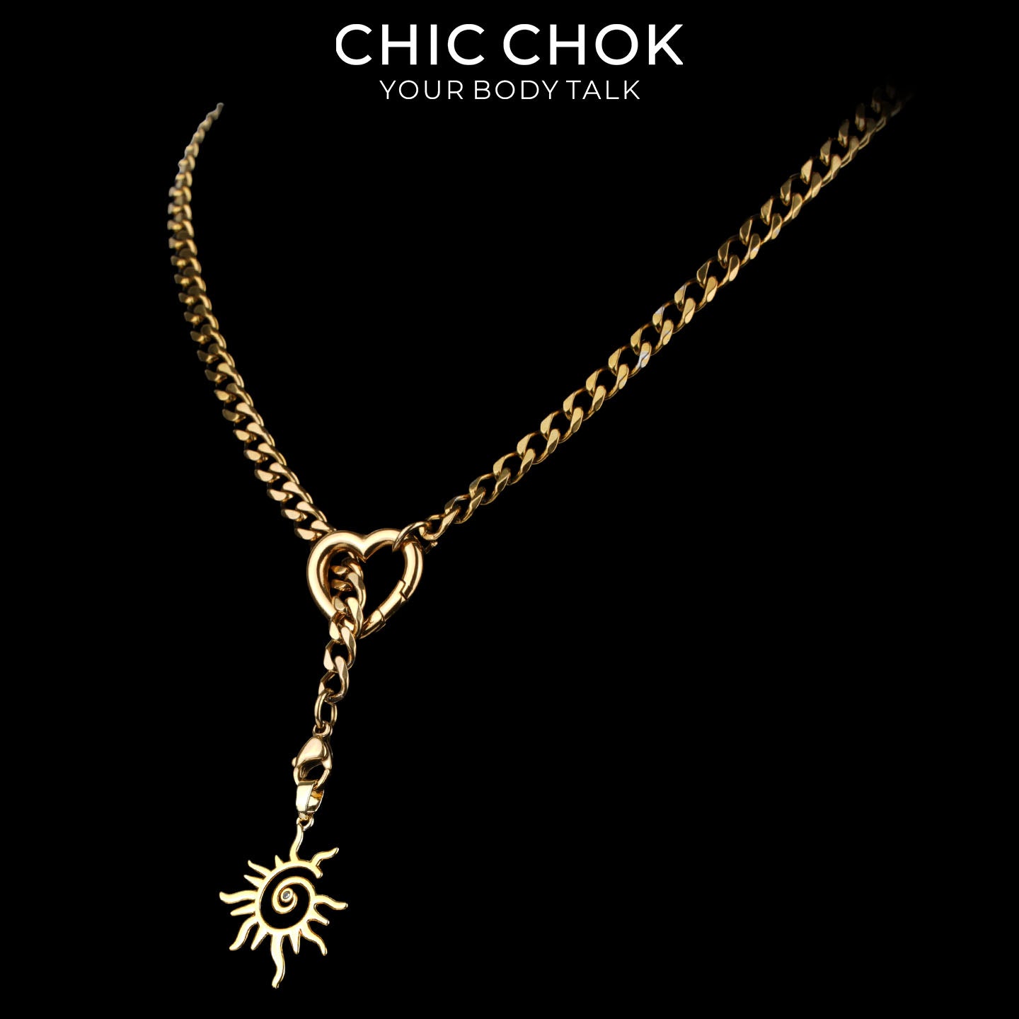 Kalung Y-Lariat Bintang Emas CHICCHOK | Rantai Kuba Baja Tahan Karat Berlapis Emas 18K | Perhiasan Coquette Liontin Hati Emas Hancur Bertekstur Antik