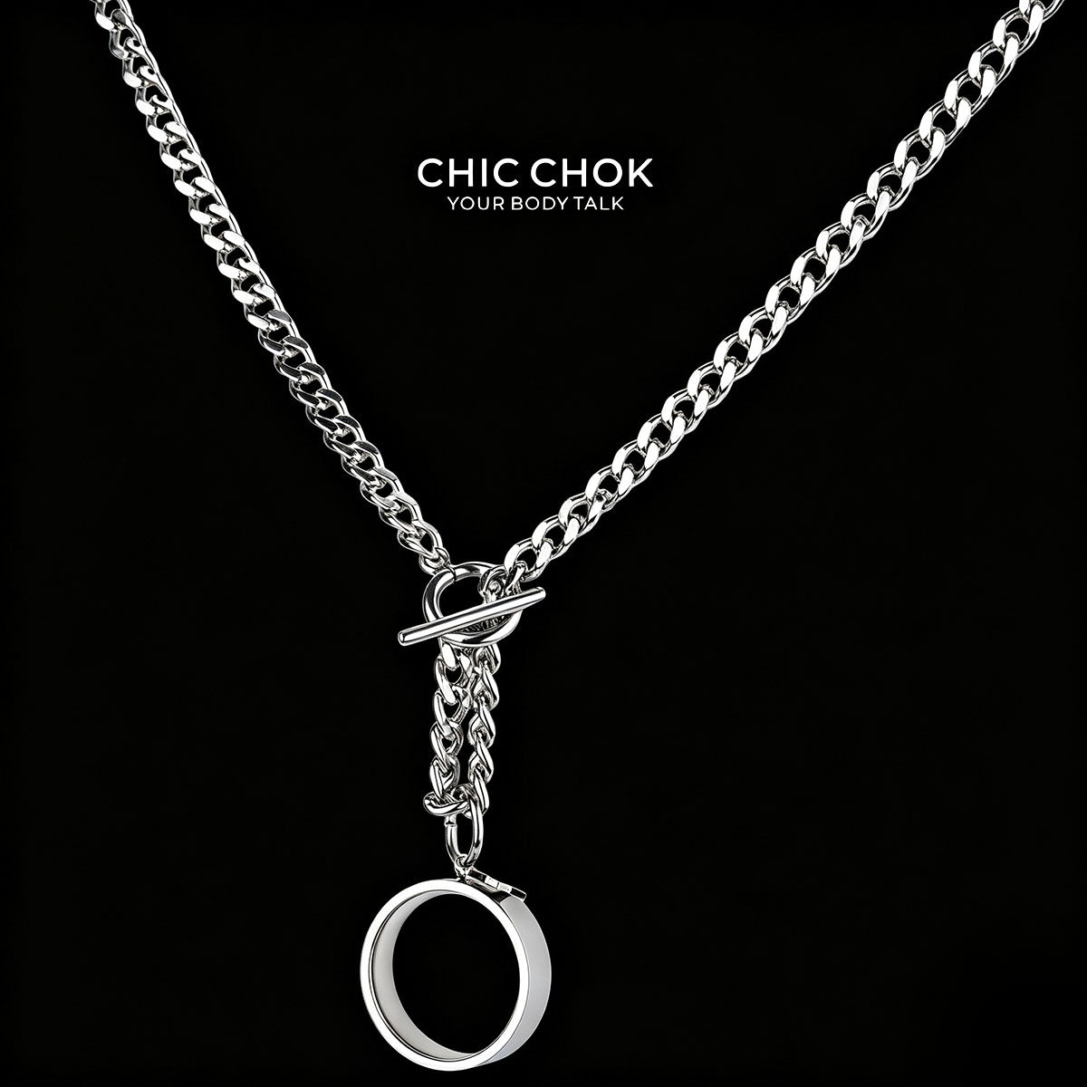 CHICCHOK "Lunar Shackle" Stainless Steel Ring Y-Necklace | Gothic OT Toggle Clasp Star & Moon Pendant Drop Chain | Dark Grunge Y2K Streetwear Jewelry