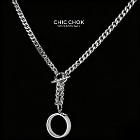 CHICCHOK "Lunar Shackle" Stainless Steel Ring Y-Necklace | Gothic OT Toggle Clasp Star & Moon Pendant Drop Chain | Dark Grunge Y2K Streetwear Jewelry